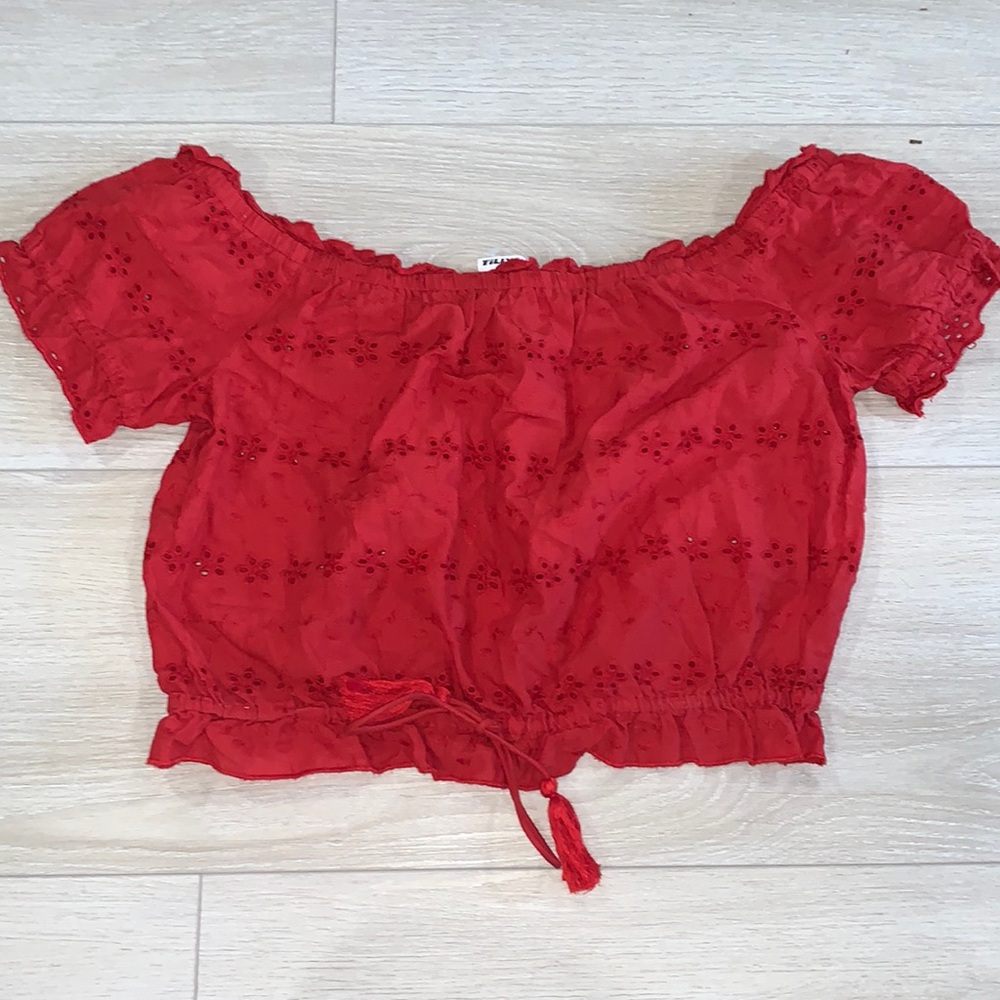 red off the shoulder shirt